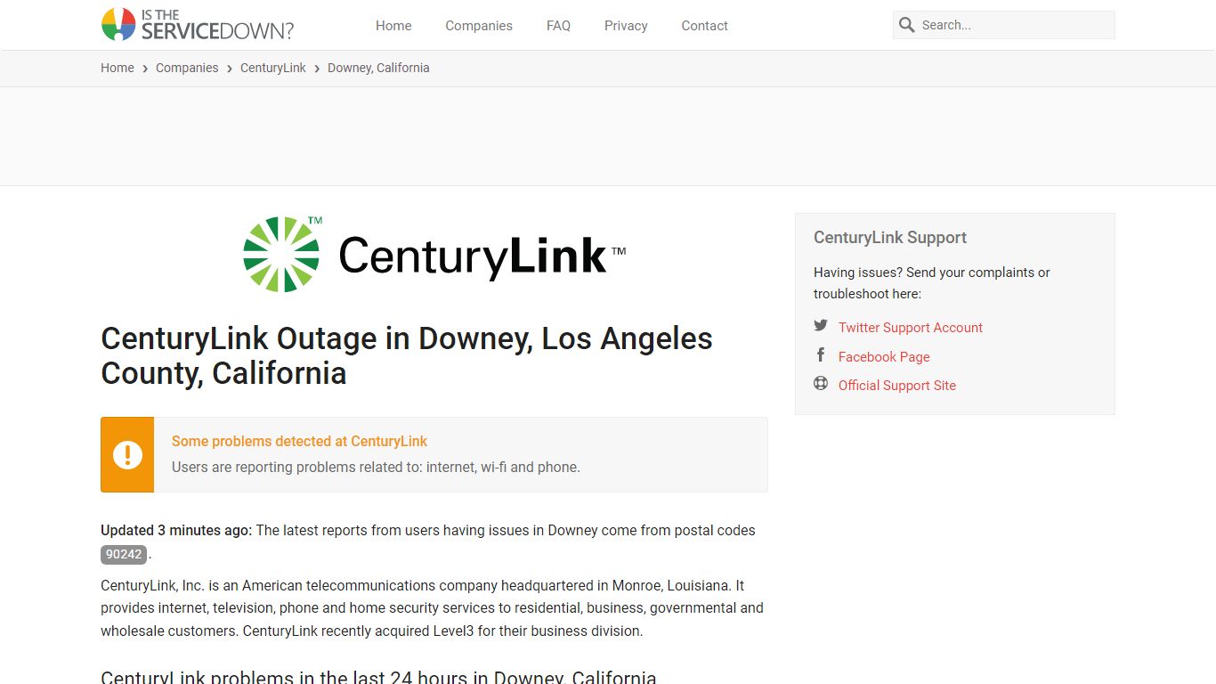 CenturyLink Outage in Downey, Los Angeles County, California